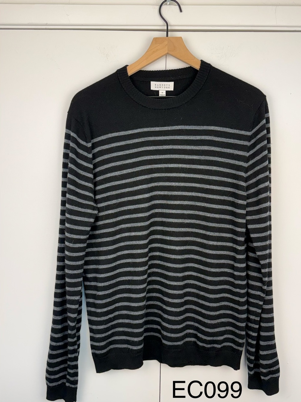Barneys New York Men's 100% Wool Striped Crewneck Sweater Black Gray M